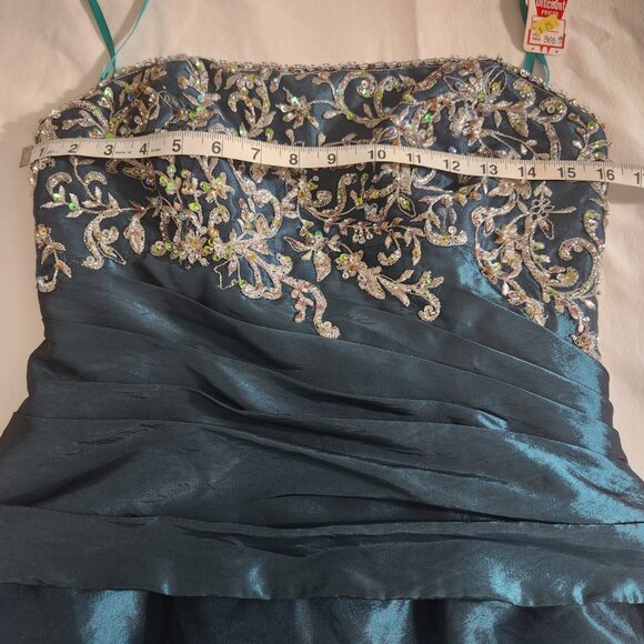 Allure Women's Size 14 Teal Strapless A-Line Appliques Taffeta Prom Dress Formal - Picture 12 of 14